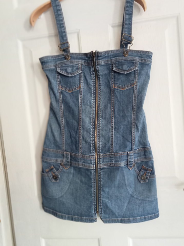 Düğmeli Askılı Kadın Kot Mini Elbise - Görsel 3