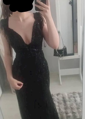 38 Beden siyah Renk Siyah Uzun Parlak Taşlı Abiye Elbise