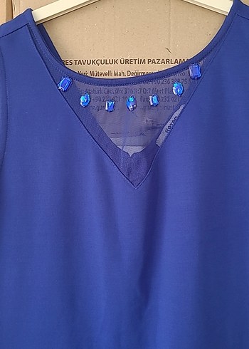 l Beden Mavi V Yakalı Kolsuz Midi Elbise