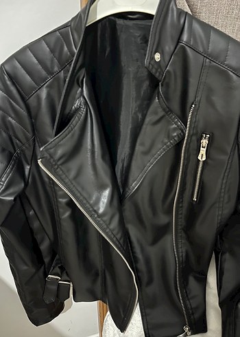 Diğer Kemerli Siyah Kadın Deri Biker Ceket