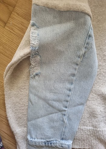s Beden gri Renk Gri V Yaka Örgü Triko ve Denim Detaylı Kazak