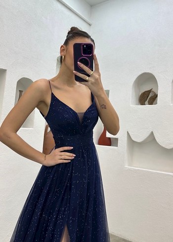 Lacivert V Yaka Uzun Abiye Elbise - Görsel 2