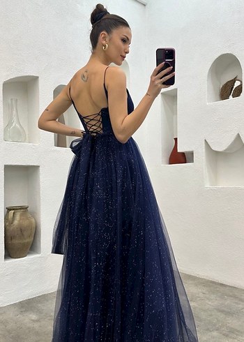 Lacivert V Yaka Uzun Abiye Elbise - Görsel 3