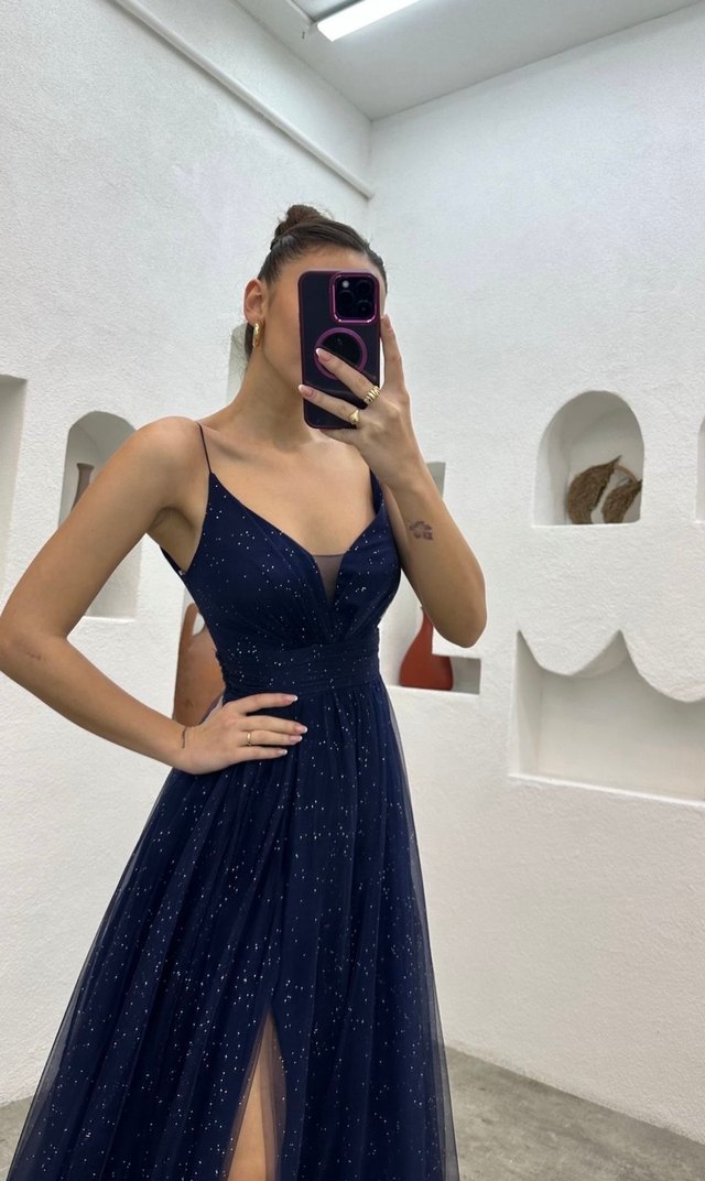 Lacivert V Yaka Uzun Abiye Elbise - Görsel 2