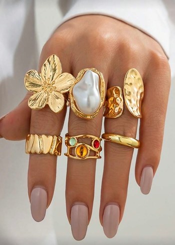 Altın Renkli Bohem Çiçekli Kadın Yüzük Seti - Görsel 2