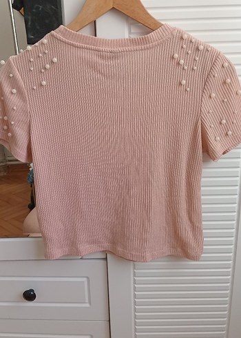 s Beden pembe Renk Düğmeli Pembe Triko Kısa Kollu Tişört