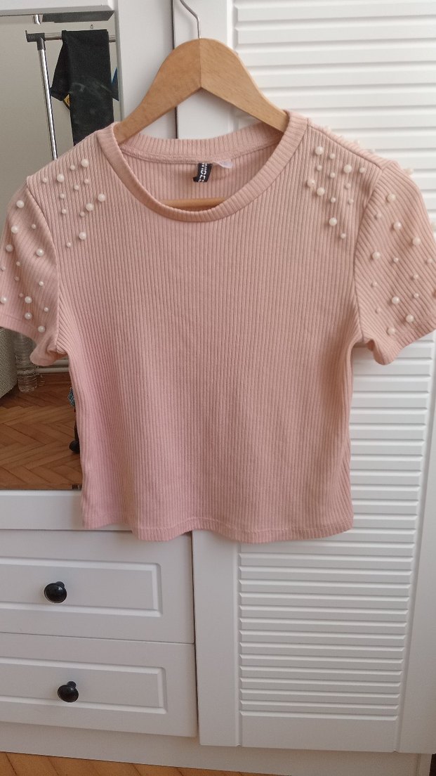 Düğmeli Pembe  Triko Kısa Kollu Tişört - Görsel 3