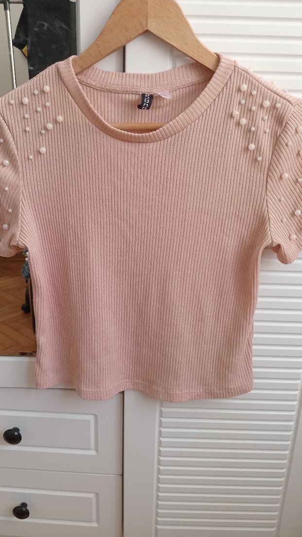 Düğmeli Pembe  Triko Kısa Kollu Tişört - Görsel 2