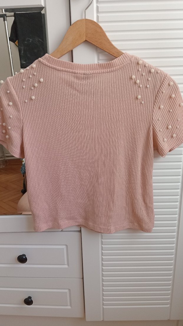 Düğmeli Pembe  Triko Kısa Kollu Tişört - Görsel 4