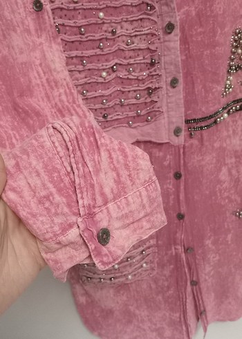 Düğmeli, Nakışlı Pembe Bohem Kadın Gömlek - Görsel 5