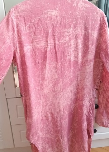 Düğmeli, Nakışlı Pembe Bohem Kadın Gömlek - Görsel 7