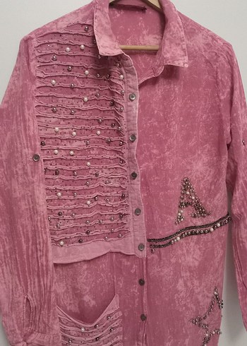 Düğmeli, Nakışlı Pembe Bohem Kadın Gömlek - Görsel 3