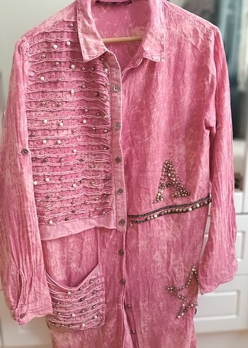 Düğmeli, Nakışlı Pembe Bohem Kadın Gömlek - Görsel 4