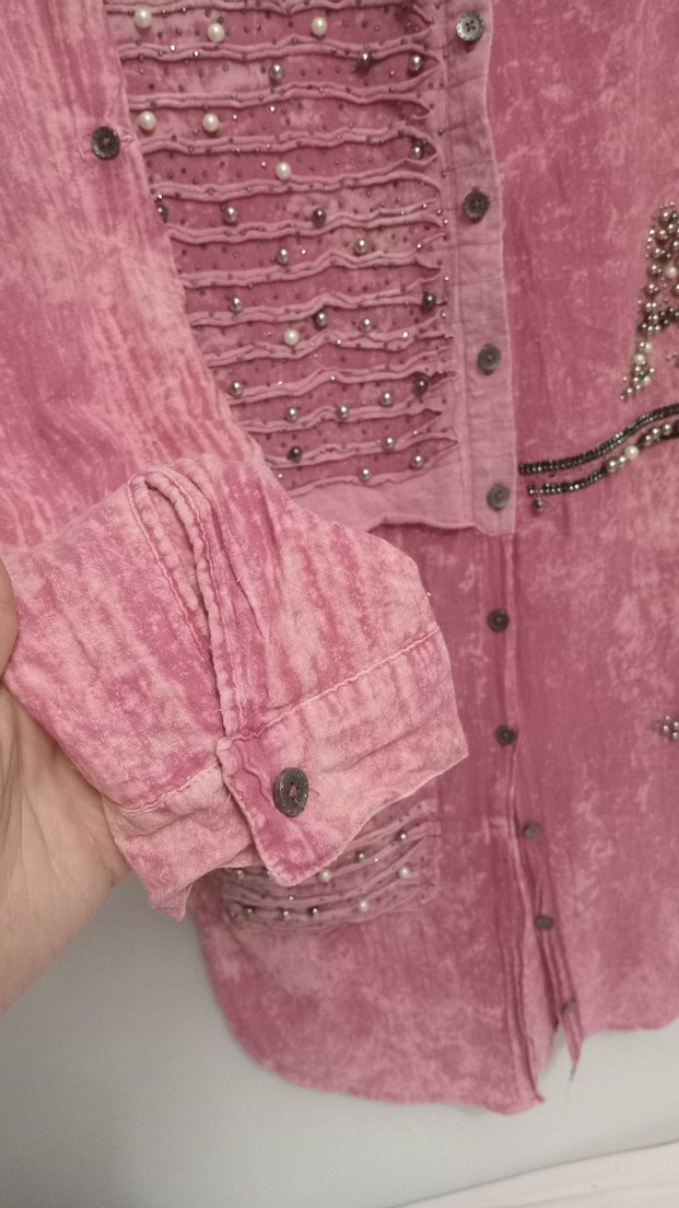 Düğmeli, Nakışlı Pembe Bohem Kadın Gömlek - Görsel 5