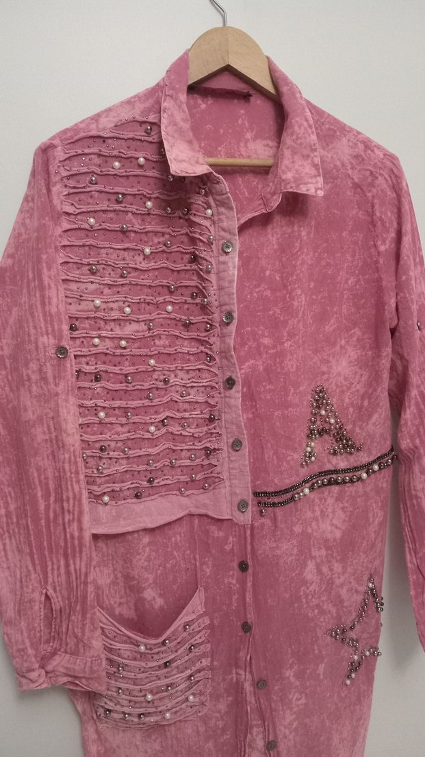 Düğmeli, Nakışlı Pembe Bohem Kadın Gömlek - Görsel 3