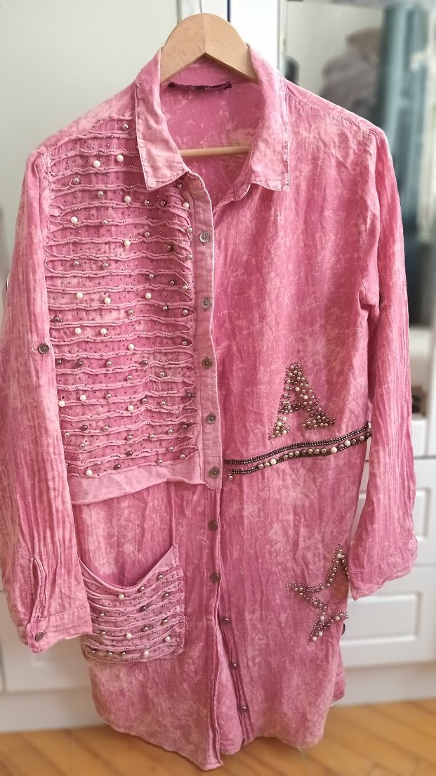 Düğmeli, Nakışlı Pembe Bohem Kadın Gömlek - Görsel 4
