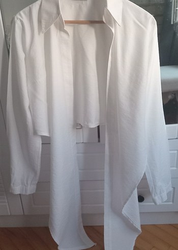 Düğmeli Beyaz Keten Kadın Gömlek - Görsel 9