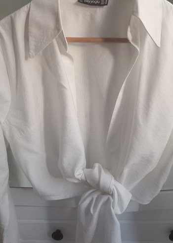 Düğmeli Beyaz Keten Kadın Gömlek - Görsel 6