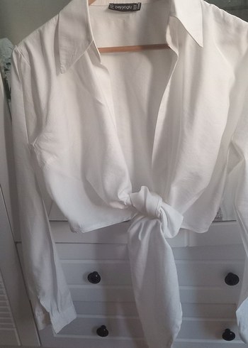 Düğmeli Beyaz Keten Kadın Gömlek - Görsel 7