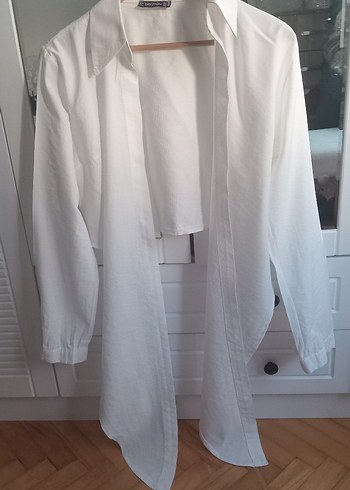 Düğmeli Beyaz Keten Kadın Gömlek - Görsel 10
