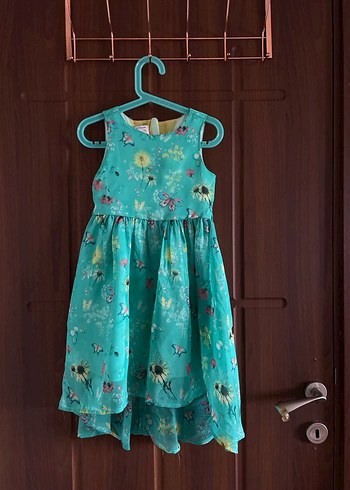 Kolsuz Turkuaz Çiçekli Kız Elbisesi - Görsel 2