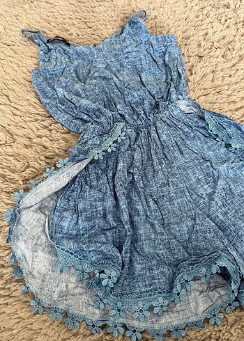 Dantel Detaylı Mavi Bohem Kadın Şort Tulum - Görsel 2