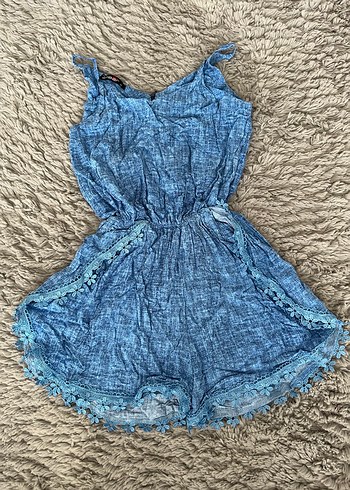 Dantel Detaylı Mavi Bohem Kadın Şort Tulum - Görsel 3