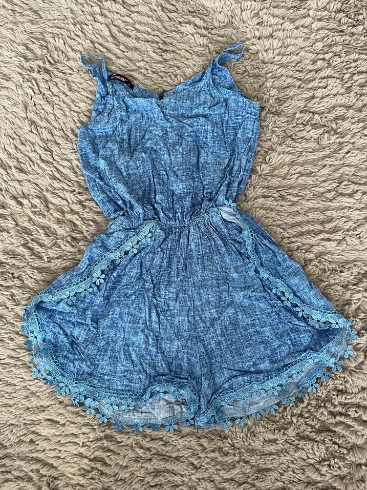 Dantel Detaylı Mavi Bohem Kadın Şort Tulum - Görsel 3