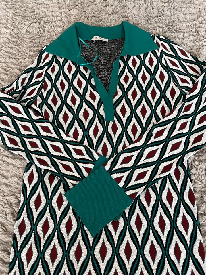 Uzun Kollu V Yaka Desenli Triko Elbise - Görsel 3