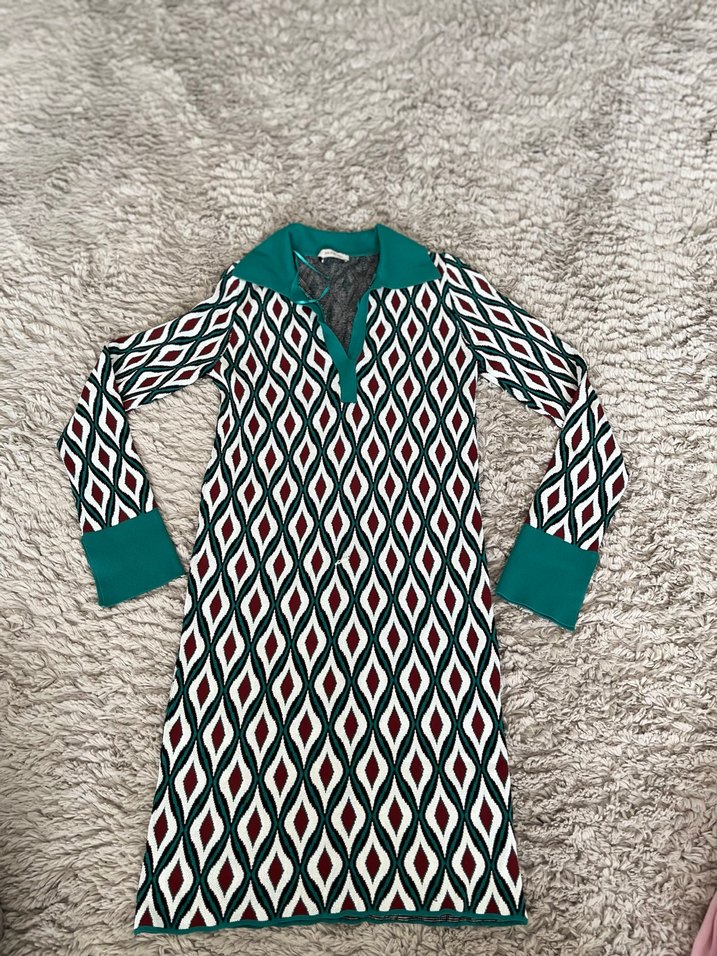 Uzun Kollu V Yaka Desenli Triko Elbise - Görsel 4