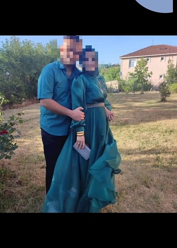 Yeşil İşlemeli Uzun Kollu Abiye Elbise - Görsel 2