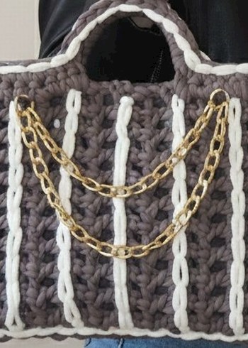 Gri Örgü Kadın Çanta Zincir Detaylı - Görsel 2