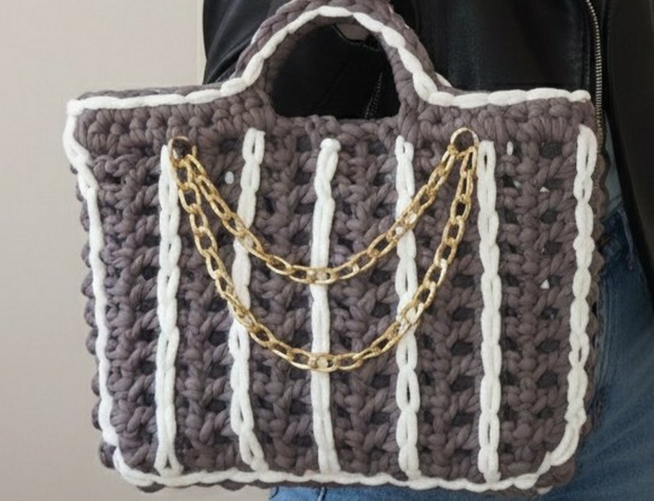 Gri Örgü Kadın Çanta Zincir Detaylı - Görsel 2