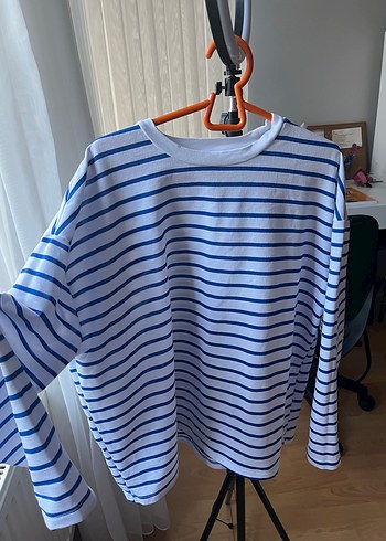 Mavi Çizgili Oversize Uzun Kollu Tişört