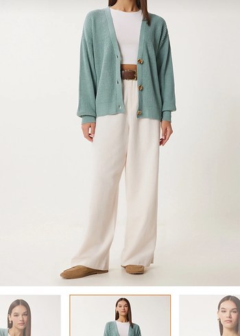 Çağla Yeşili Düğmeli V Yaka Triko Hırka - Görsel 2