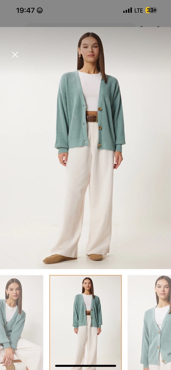 Çağla Yeşili Düğmeli V Yaka Triko Hırka - Görsel 2