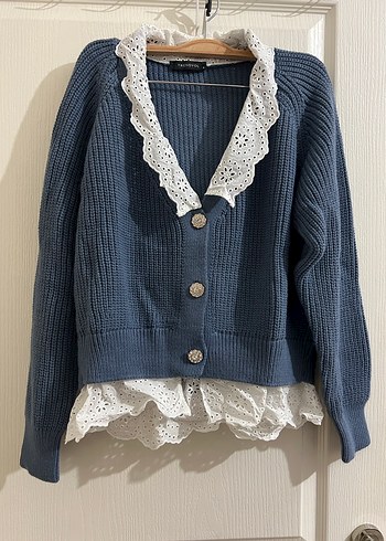 Dantel Yakalı V Yaka Mavi Hırka - Görsel 2