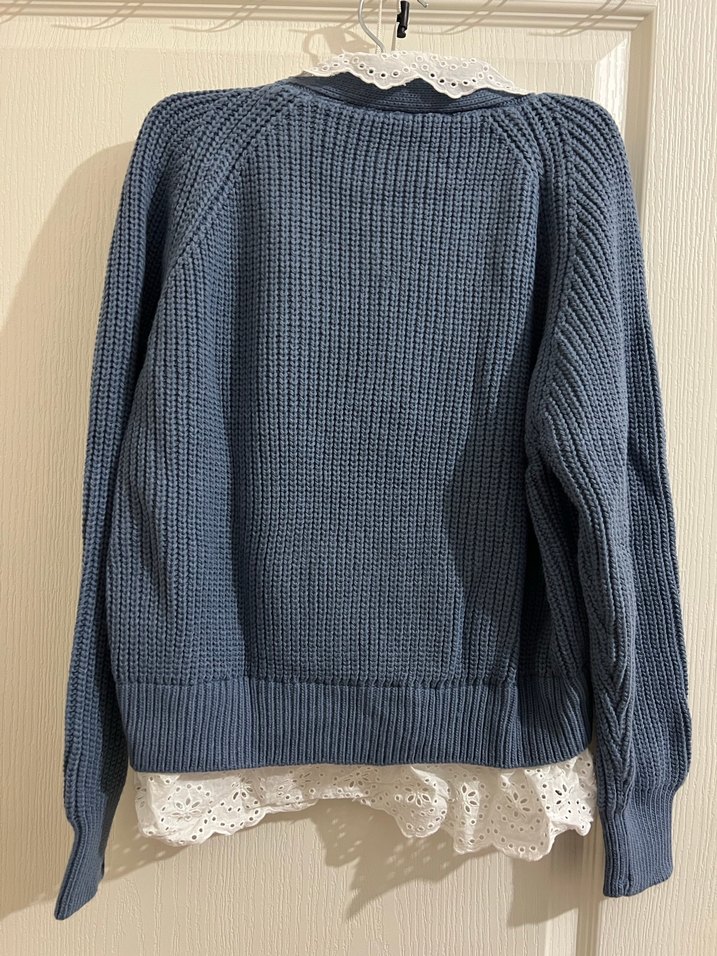 Dantel Yakalı V Yaka Mavi Hırka - Görsel 3