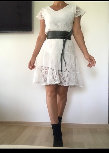 Dantel  Beyaz  Elbise - Görsel 3