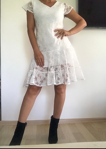 Dantel  Beyaz  Elbise - Görsel 4