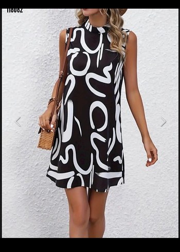 Siyah Beyaz Soyut Desenli Ofis Model Elbise - Görsel 4