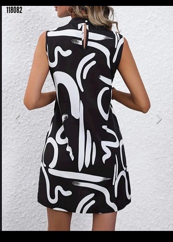 Siyah Beyaz Soyut Desenli Ofis Model Elbise - Görsel 2