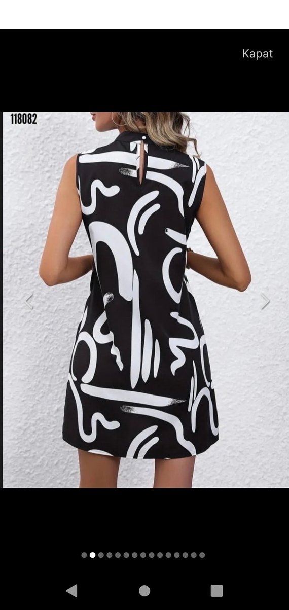 Siyah Beyaz Soyut Desenli Ofis Model Elbise - Görsel 2