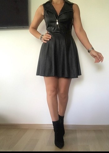 Siyah Suni Deri Elbise - Görsel 5