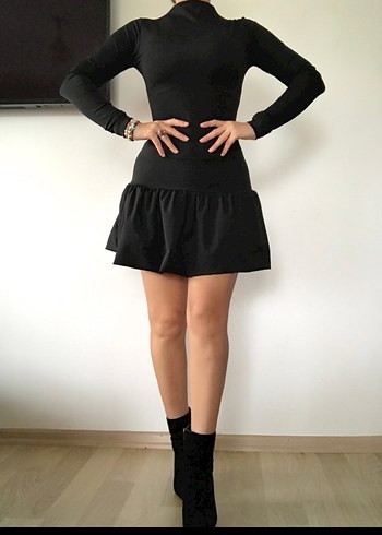 Uzun Kollu Siyah Esnek Elbise - Görsel 2