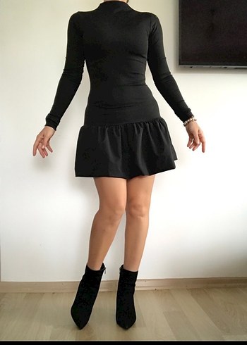 Uzun Kollu Siyah Esnek Elbise - Görsel 3