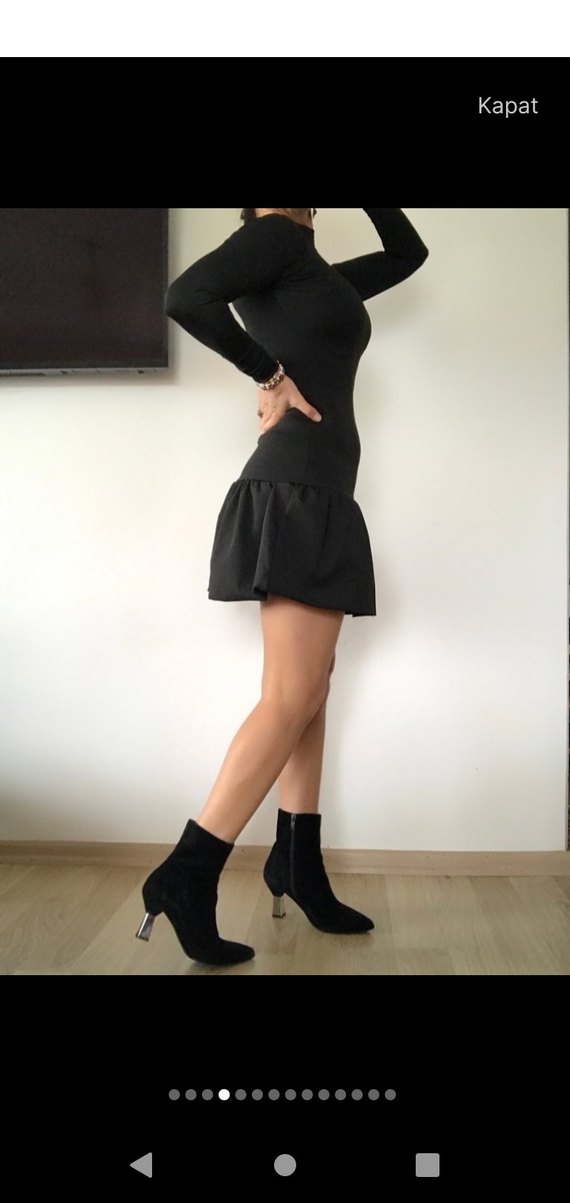 Uzun Kollu Siyah Esnek Elbise - Görsel 4