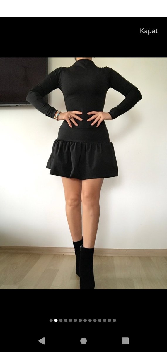 Uzun Kollu Siyah Esnek Elbise - Görsel 2