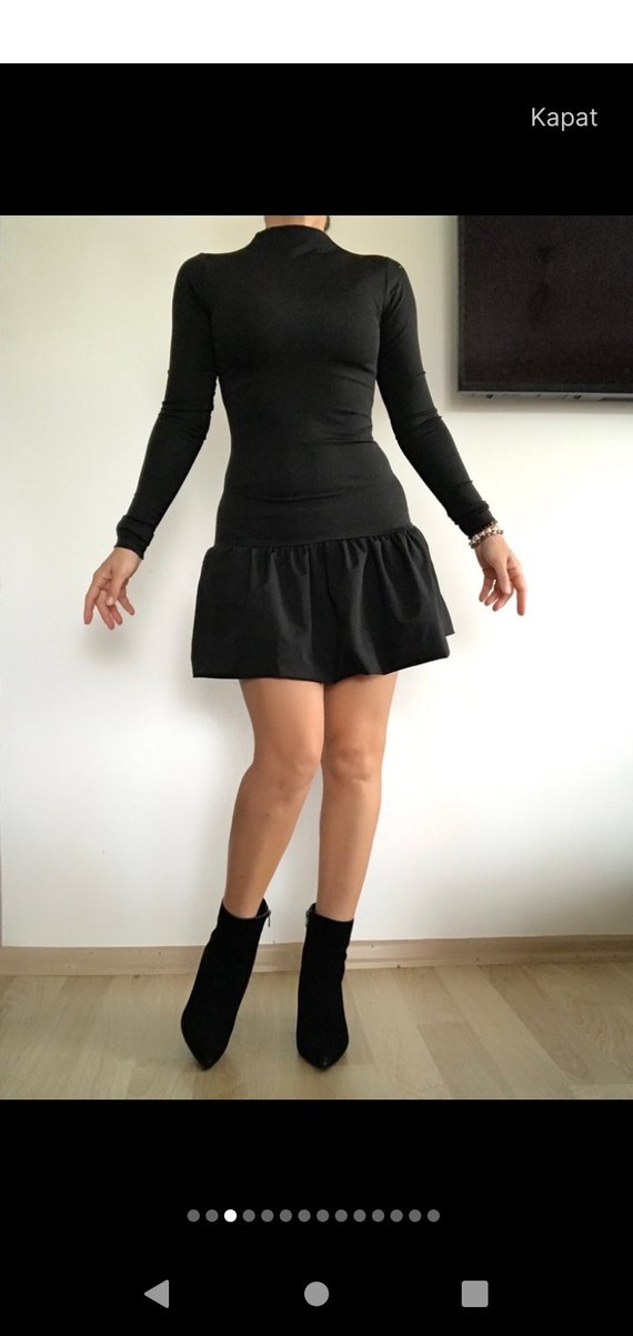 Uzun Kollu Siyah Esnek Elbise - Görsel 3