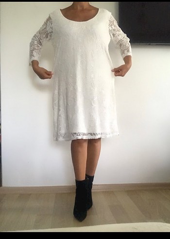 Yumuşak Güpür Muhteşem Beyaz Elbise - Görsel 5